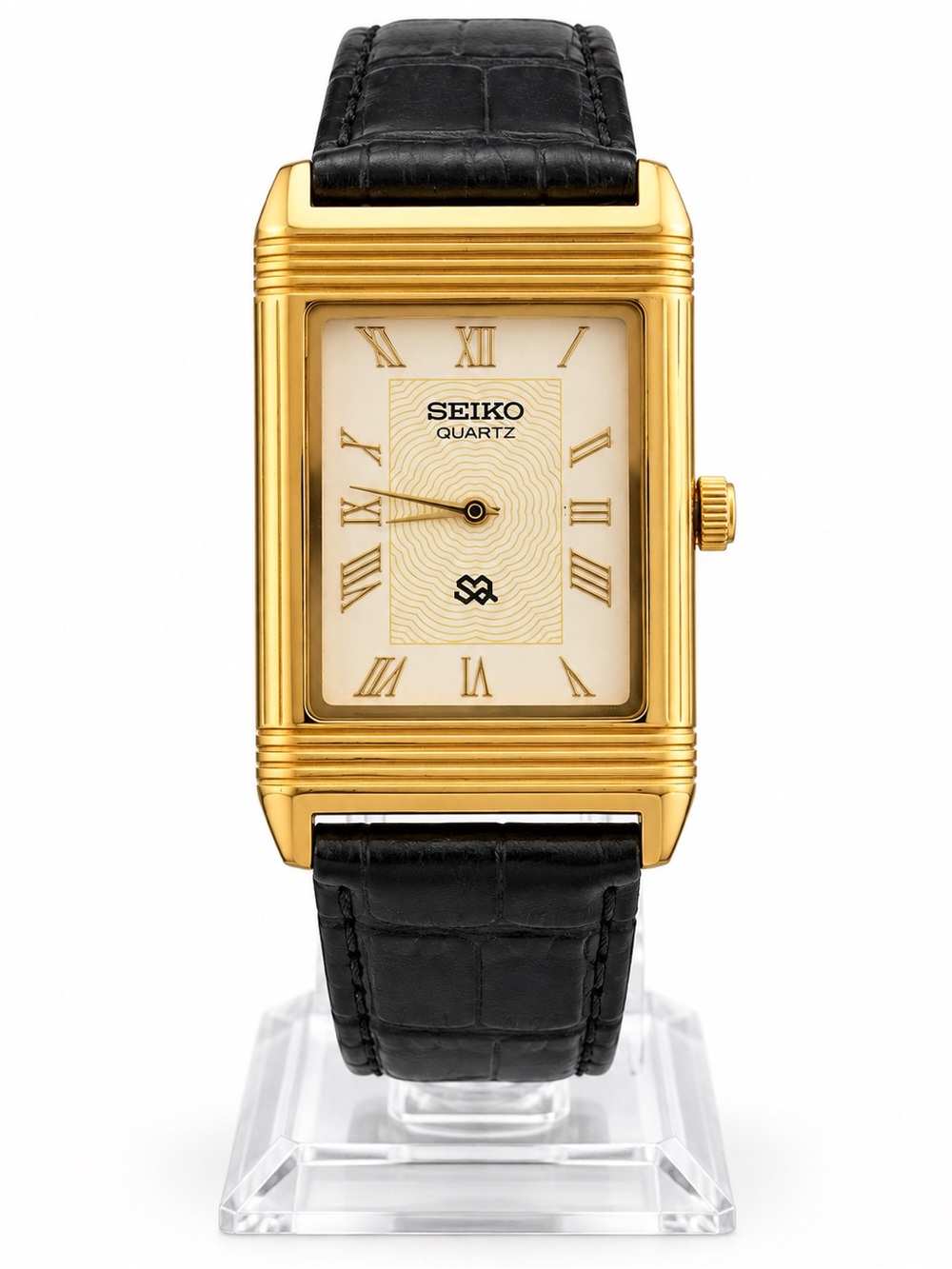 Vintage Seiko Reverso Frame Tank Watch White Dial Gold Bezel
